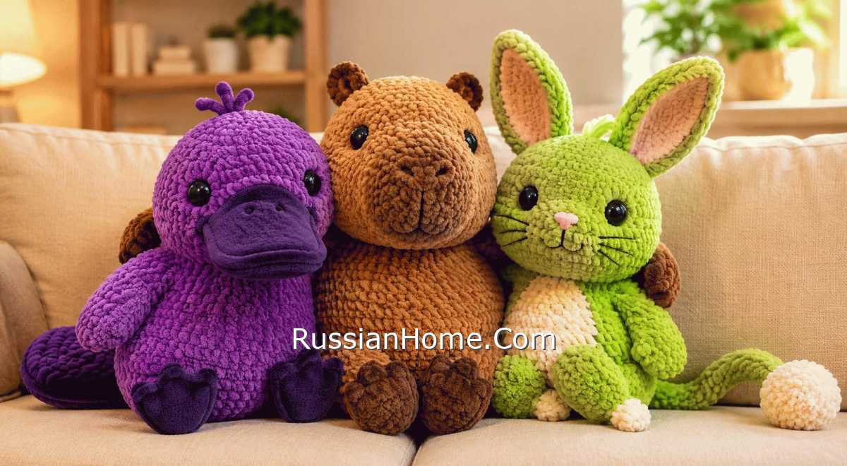 Игрушки из плюшевой пряжи — капибара, фиолетовый утконос и зеленый тушканчик на светлом диване