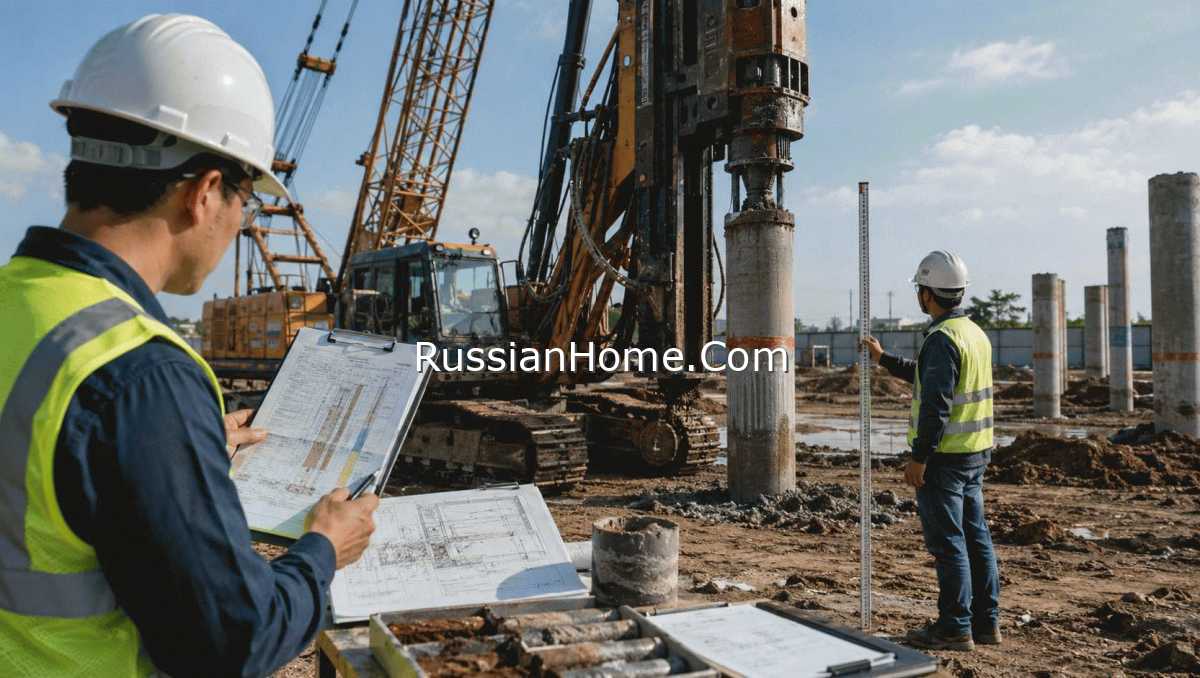 Рабочие и спецтехника на стройплощадке забивают сваи