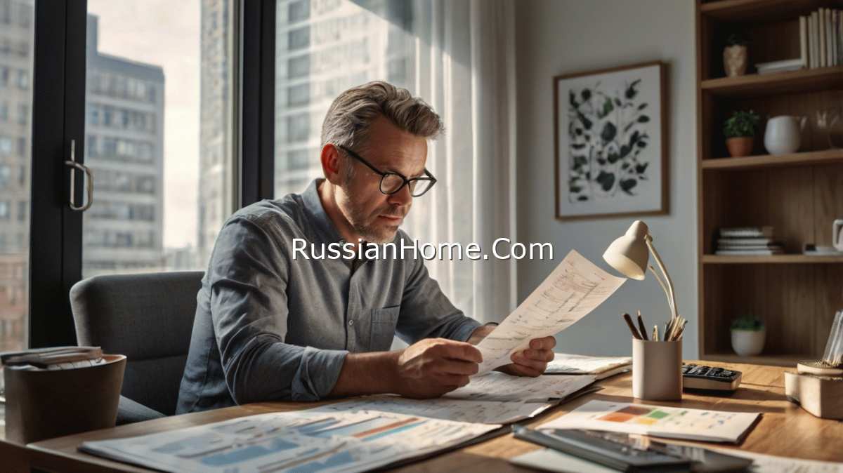 На изображении мужчина, рассматривающий финансовые документы