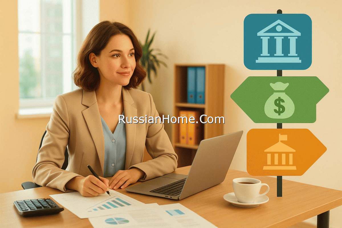 Молодой предприниматель - женщина, сидит за столом с открытым ноутбуком