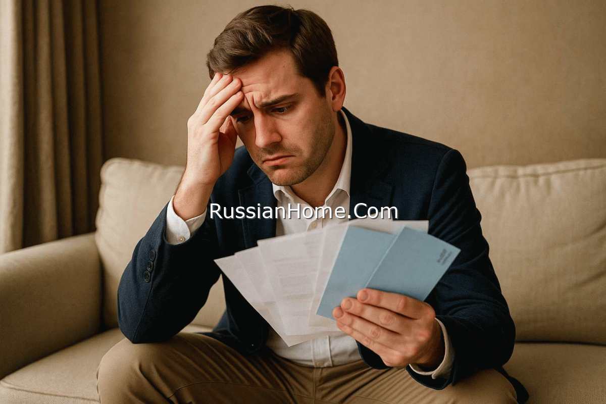 Мужчина с кипой счетов на оплату в руках