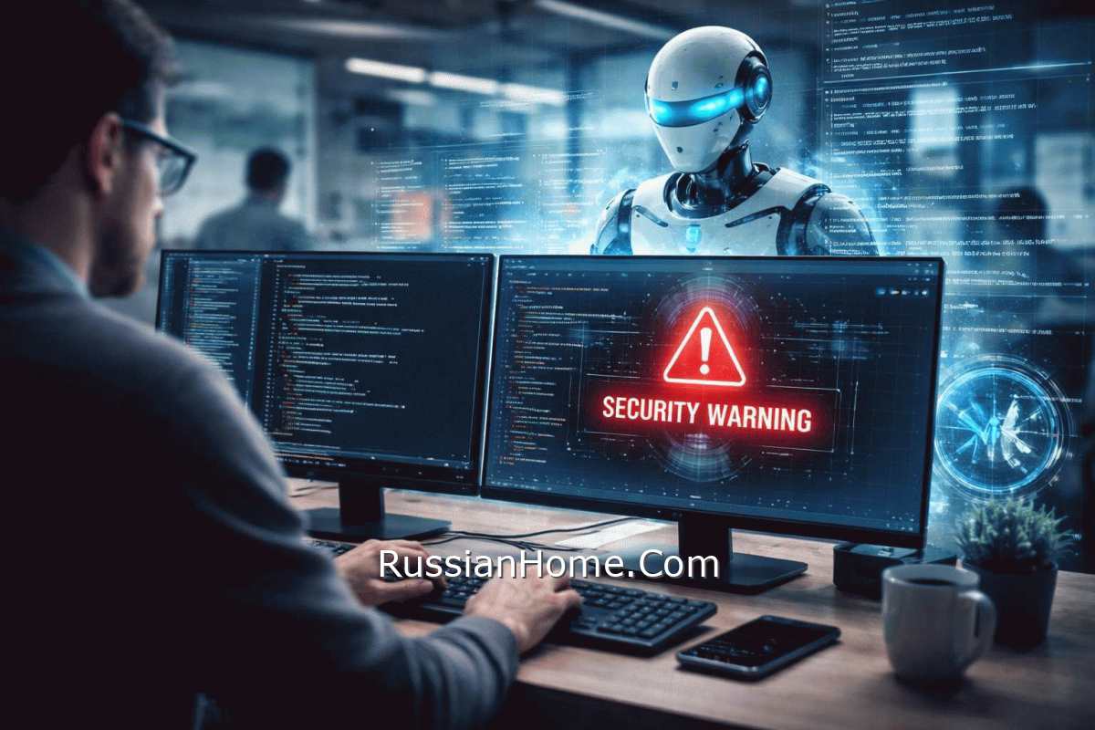 Разработчик работает за двумя мониторами, где видны программный код и предупреждение о рисках безопасности при использовании ИИ для написания программ