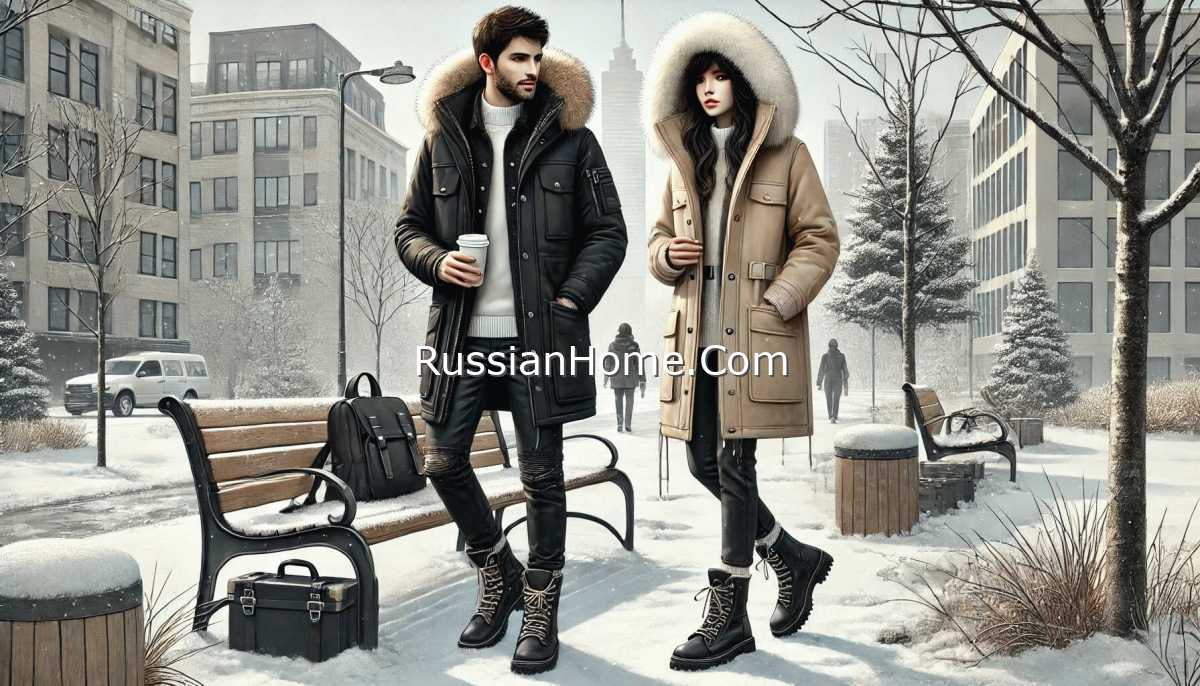 Мужчина и женщина в зимних парках на фоне города