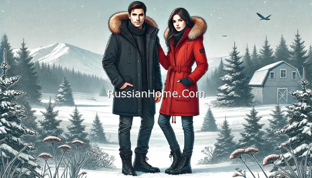 Мужчина и женщина в зимних парках на фоне снежного леса